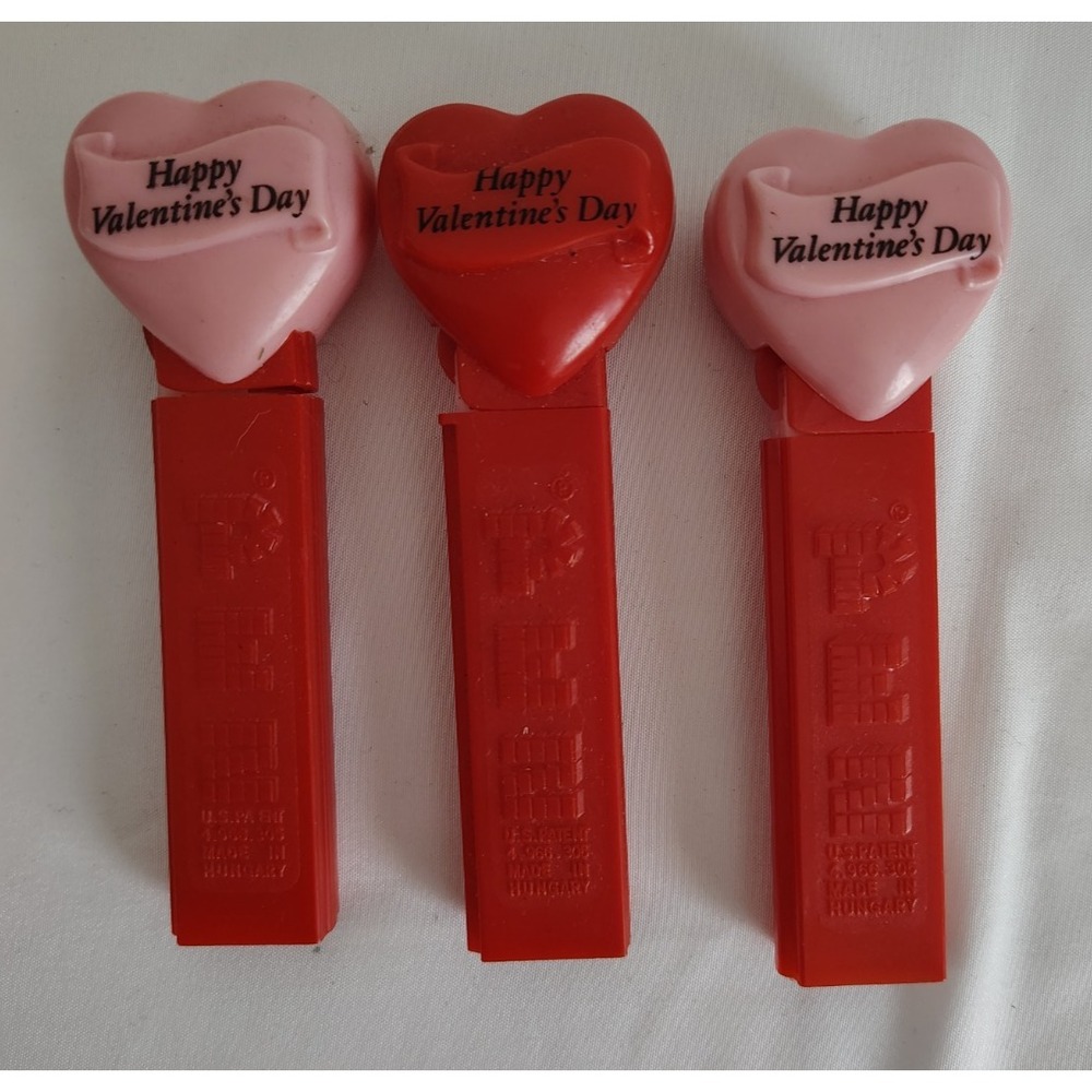 Lot 3 Vintage 1996 Happy Valentine's Day Red & Pink Heart PEZ Dispensers No Feet